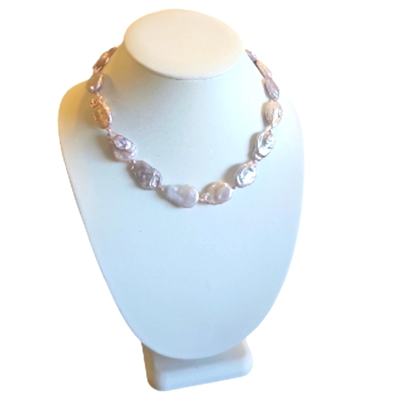 Natural Baroque Pink & White Freshwater Pearl Adjustable Necklace. - Picture 1 of 8